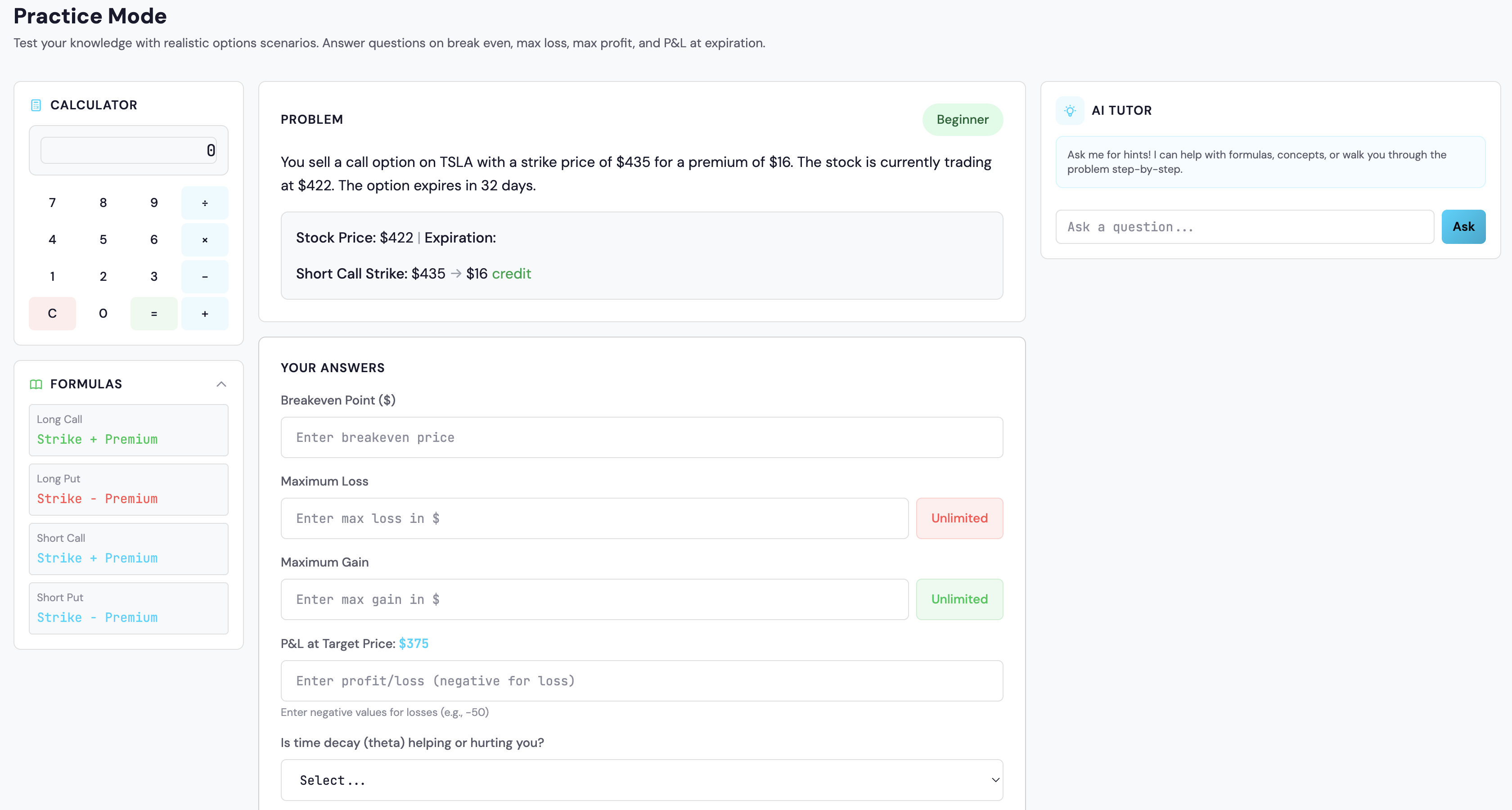 Options trading practice problem with breakeven calculation and AI-powered hints